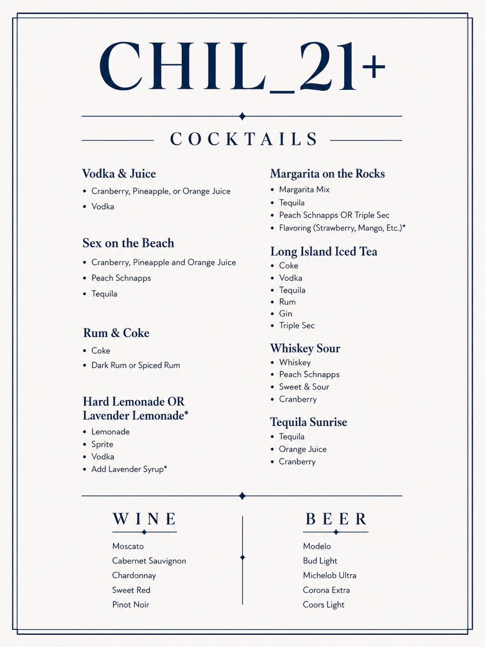 CHIL 21 plus cocktails, wine, and beer menu