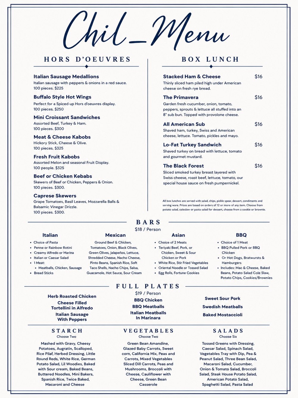 Chil_Menu with hors d'oeuvres, box lunches, food bars, and full plates