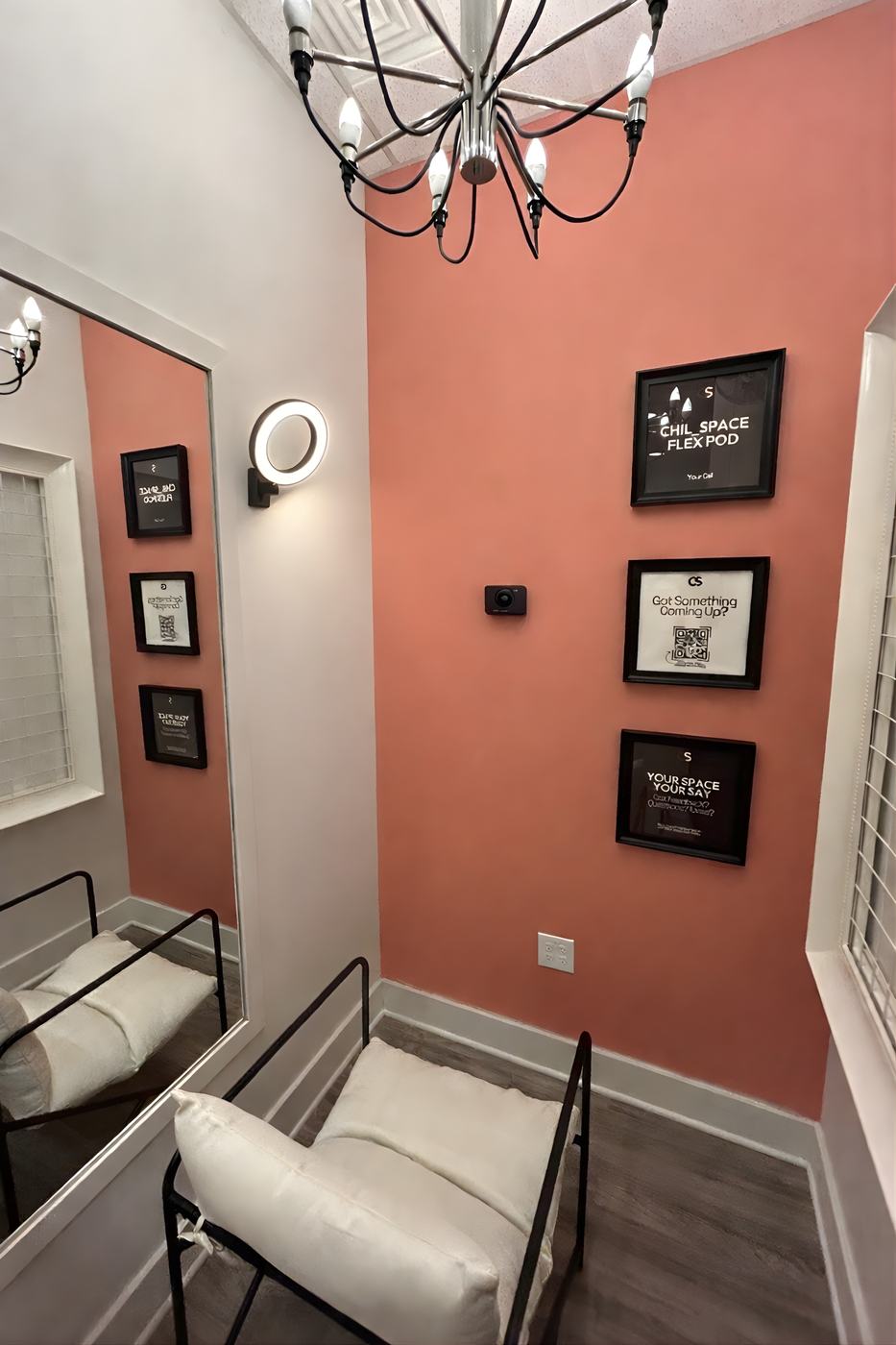 Prep and Glam pod with a garment rack and dressing mirror